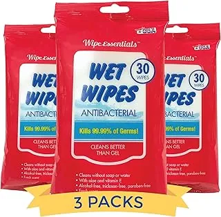 Toallitas desinfectantes para manos WipeEssentials para adultos y niños - 90 toallitas - 3 paquetes de 30 toallitas desinfectantes para manos, artículos esenciales de viaje