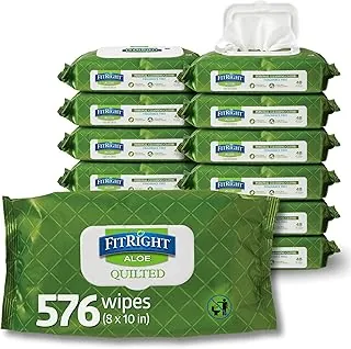 Toallitas húmedas de limpieza personal FitRight Aloe Quilted Heavyweight, sin perfume, 576 unidades, 8 x 12 pulgadas, toallitas grandes para adultos