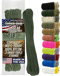TOUGH-GRID Cuerda de paracaídas de nylon 550 Paracord, kit de supervivencia fabricado en EE.UU., aventuras al aire libre, camping, equipo táctico y suministros de emergencia, tipo militar Mil-Spec