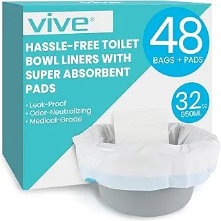 Vive Revestimientos para inodoro y inodoro con almohadillas superabsorbentes (paquete de 48) – Bolsas de asiento de inodoro de emergencia para campamento, forros de residuos desechables y portátiles