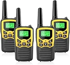 Walkie Talkies con 22 canales FRS, walkie talkies MOICO para adultos con linterna LED, pantalla LCD de escaneo VOX, walkie talkie familiar de largo alcance para senderismo, campamento y viajes (amarillo, paquete de 4)
