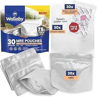 Wallaby 30 bolsas MRE de Mylar con absorbedores de oxígeno de 400cc, bolsas de almacenamiento de alimentos a largo plazo de 15 mil de grosor total, empaque hermético sellable por calor con cremallera