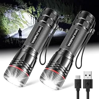 WdtPro Linternas recargables de alto lúmenes, paquete de 2, linterna EDC súper brillante de larga duración de 10H, linterna táctica LED mini para camping de emergencia, resistente a caídas y al agua