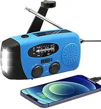 WVL Radio meteorológica de manivela, NOAA Radio de emergencia portátil AM/FM alimentado por energía solar 7400 mWh con linterna, sirena SOS y cargador de teléfono para campamento y supervivencia (azul