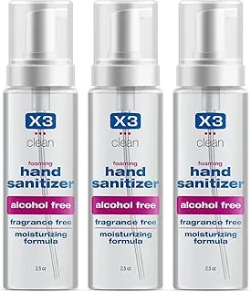 X3 Clean Desinfectante de manos espumoso, sin alcohol y sin fragancia, mata el 99.9% de gérmenes, fórmula hidratante, tamaño de viaje de 2.5 onzas (paquete de 3)