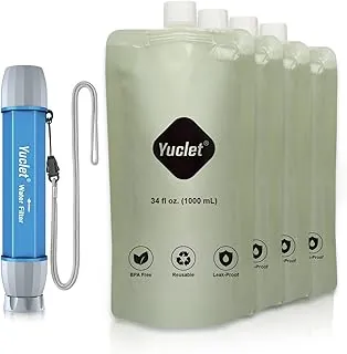 Yuclet Sistema de filtración de agua exprimible con cuatro bolsas exprimibles de 34 onzas y popote de filtro de 0.1 micrones, purificador de agua portátil de supervivencia para mochileros, campamentos